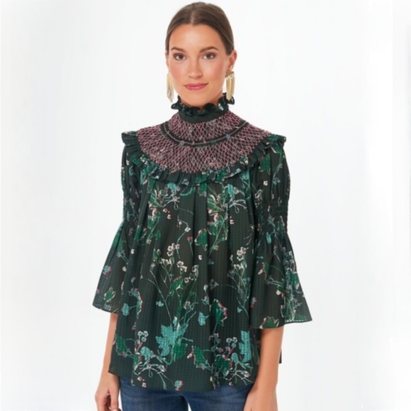 Tuckernuck Tops - Tuckernuck Bouvier Blouse In Jaguar Garden Green And Pink Size Small